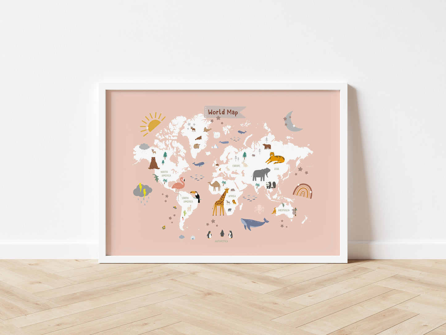  Animal World Map Print for kids room, Pink