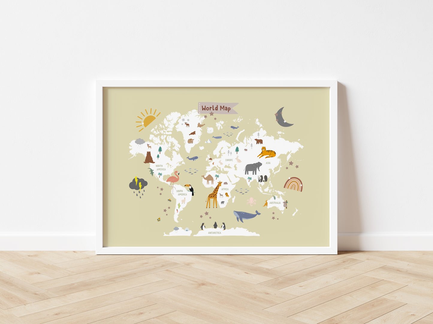 Animal World Map Print for kids room, sandstone