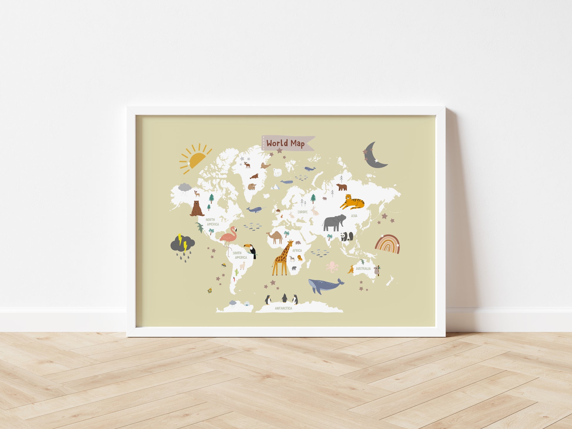 Animal World Map Print for kids room, sandstone