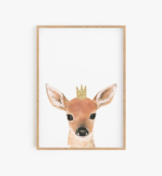 Baby deer with crown, Woodland nursery print, Cute deer print