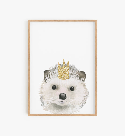 Crown prints Hedgehog, Woodland nursery print, Cute Hedgehog print