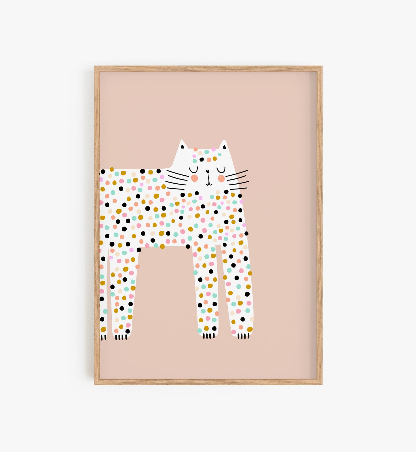 Pink White Dotty Cat Print, Pastel Wall Decor, Girls Room Decor, Cute Cat Decor